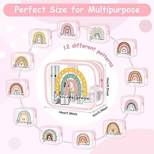 Hillban 12 Pcs Rainbow Clear Makeup Bag for Women Inspirational Quotes PVC Waterproof Cosmetic Bags Appreciation Travel Toiletry Pouch Gifts for Teacher Student Adults(Pink)