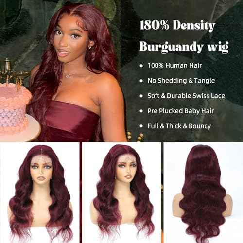 99j Burgundy Lace Front Wigs Human Hair Pre Plucked 20 Inch Long, Body Wave HD Lace Frontal Wig 13x6 Full Lace Frontal 99j Black Cherry Red Wigs, 12A 100% Real Brazilian Wigs Human Hair 180 Density