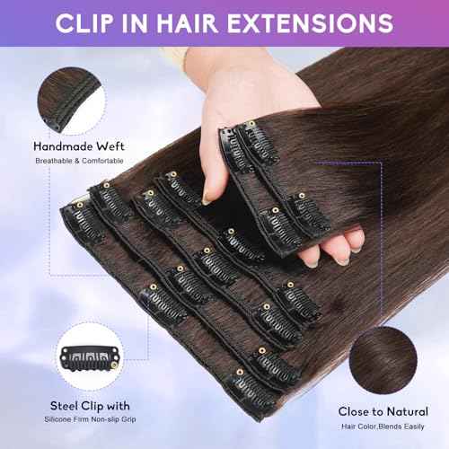 Dark Brown Clip in Hair Extensions Real Human Hair Invisible Seamless Remy Human Hair Clip in Extensions for Women 14 Inch 75g, 8pcs Per Set with Double Weft