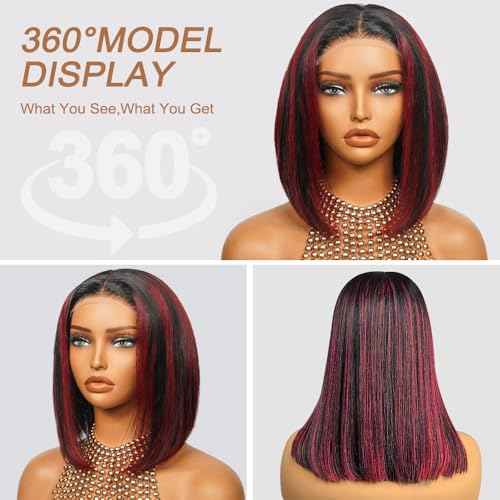Highlight Burgundy Lace Front Bob Wig Human Hair for Black Women 5X5 Highlights 1bRed Lace Front Straight Bob Cut Wigs Glueless Unprocessed Brazilian Virgin Hair