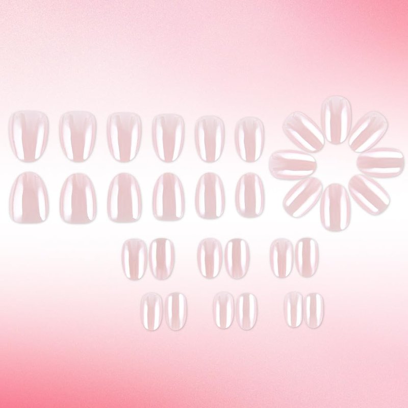 32Pcs Short Almond Press-On Nails - Glossy Nude Pink Acrylic Full Cover | Easy Application