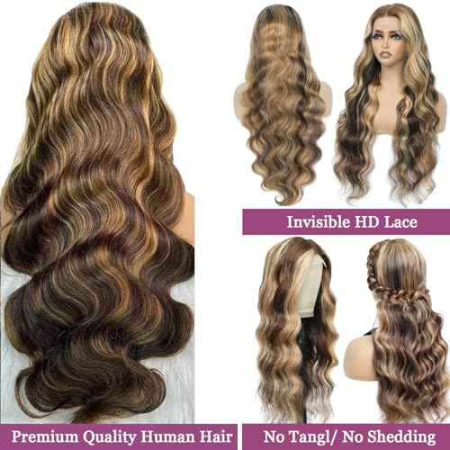 Ombre Balayage Honey Blonde Highlight Wig Human Hair, Body Wave 13x6 Lace Front Wigs Human Hair 24 Inch Brown to Blonde Highlights Glueless Lace Front Wigs Pre Plucked Human Hair Wigs for Women