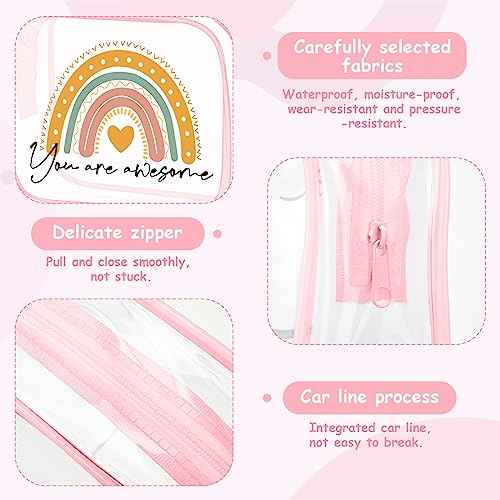 Hillban 12 Pcs Rainbow Clear Makeup Bag for Women Inspirational Quotes PVC Waterproof Cosmetic Bags Appreciation Travel Toiletry Pouch Gifts for Teacher Student Adults(Pink)
