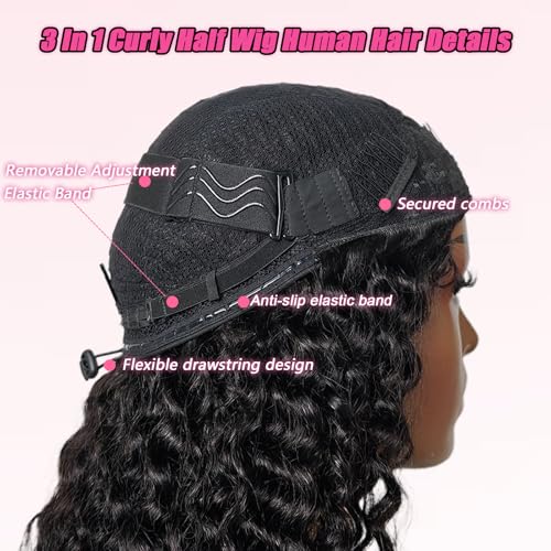 SENSAIRUITE Deep Wave Half Wig Human Hair Curly Half Wigs for Women - Upgrade Drawstring 3 in 1 Seamless Flip Over Glueless Wig 16-inch Natural Black