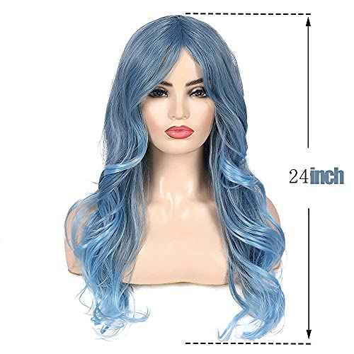 Blue Wig for Women Long Curly Wavy Pastel Blue Wig Side Part Synthetic Halloween Cosplay Wig with Wig Cap