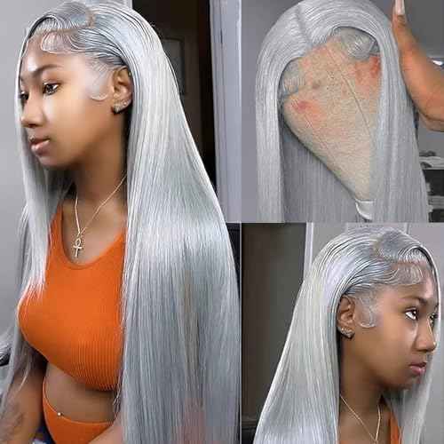 Grey Lace Front Wig 13x6 Silver Grey Wig Human Hair Pre Plucked Straight Lace Front Wigs Human Hair 24 Inch Glueless HD Lace Wig Colored