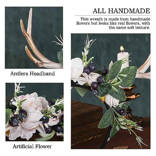MOSTORY Handmade Deer Horns Headband - Flower Antler Hairband Woodland Reindeer Headpiece with Berries for Prom Renaissance Halloween Cosplay Accessory