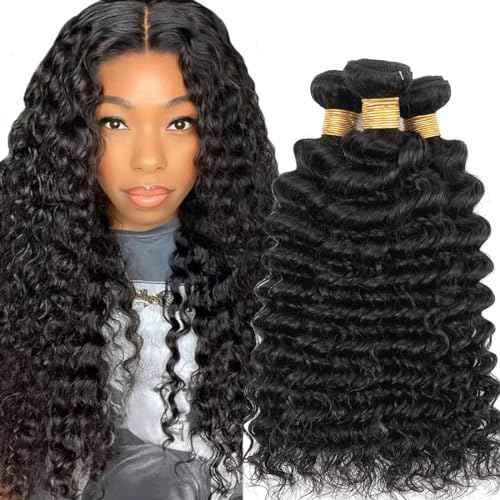 Human Hair Bundles Deep Wave Brazilian Virgin Human Hair 3 Bundles Deals 12 14 16inch 100% Unprocessed Brazilian Deep Wave Curly Bundles Weaves for Black Women Nature Black