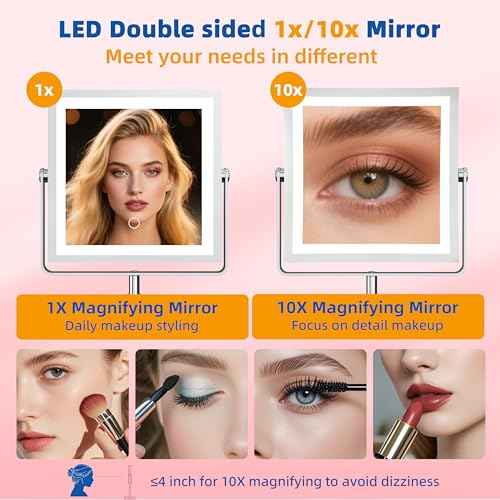 Ruacq Rechargeable Makeup Mirror, 4000mAh Lighted Makeup Mirror with Magnification 1X/10X, Height Adjustable Vanity Mirror with Lights, 3 Color Lights, Adjustable Brightness, 360¡ÆRotation (Chrome)