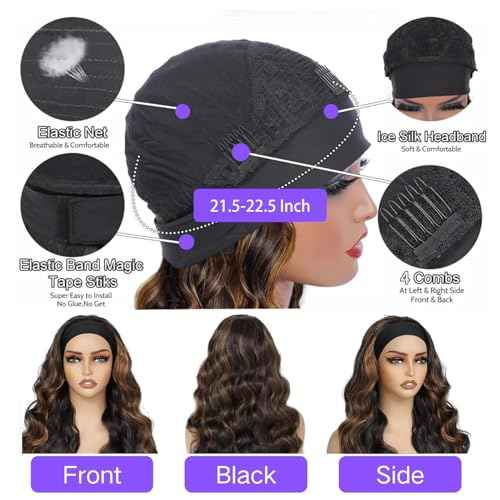 Ombre Headband Wig Human Hair Body Wave #4/27 Highlight 20 Inch Headband Wigs Human Hair Wigs for Black Women Brazilian Virgin Hair Wear and Go Glueless Wig None Lace Front Wigs 150% Density