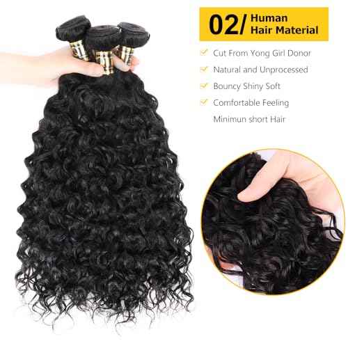 QTHAIR Water Wave Human Hair Bundles (Natural Black,18" 18" 18") 16A Grade 100% Unprocessed Brazilian Virgin Human Hair Weave Wet and Wavy Bundles