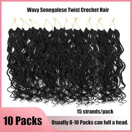 Wavy Senegalese Twist Crochet Hair For Black Women 8 Inch 10 Packs Crochet Senegalese Twist Pre Looped With Curly Ends(1B#)