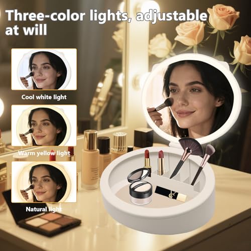 Makeup Mirror with Light, 4K high-Definition Touch Screen Travel Vanity Mirror with 3 Types of Lights, USB Charging, Detachable 3-inch 10x Magnifying Glass (White)