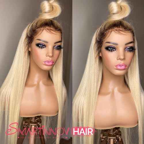 Smartinnov Ombre Blonde Lace Front Wig 13x4 HD Transparent Human Hair 16 Inch with Natural Black Root Pre Plucked with Baby Hair 150% Density Lace Frontal Wigs Bleached Knots for Women