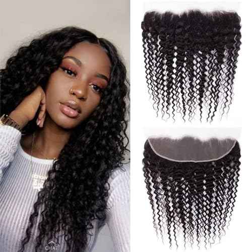 13x4 Lace Frontal Closure Deep Wave Human Hair Ear to Ear HD Lace Frontal Closure Free Part Brazilian Deep Curly Hair Extensions 180% Density Human Hair Pre Plucked with Baby Hair (22 Inch)