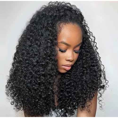 Larhali Kinky Curly Half Wig Human Hair 180% Density Wear And Go Glueless Wigs Human Hair 20 Inch Curly 3 In 1 Half Wigs for Women Drawstring Seamless Flip Headband Wig Beginner Friendly