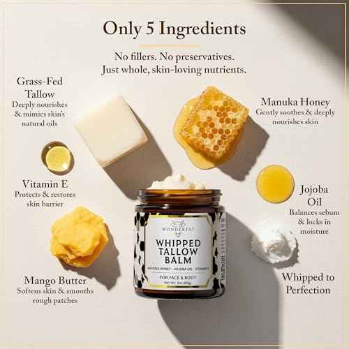 Beef Tallow for Skin & Face ? Whipped Tallow & Honey Balm ? 100% Grass Fed Tallow Face Moisturizer with Mango Butter, Jojoba Oil, Vitamin E ? Organic Beef Tallow Balm for Dry Skin & Wrinkles ? 3 oz