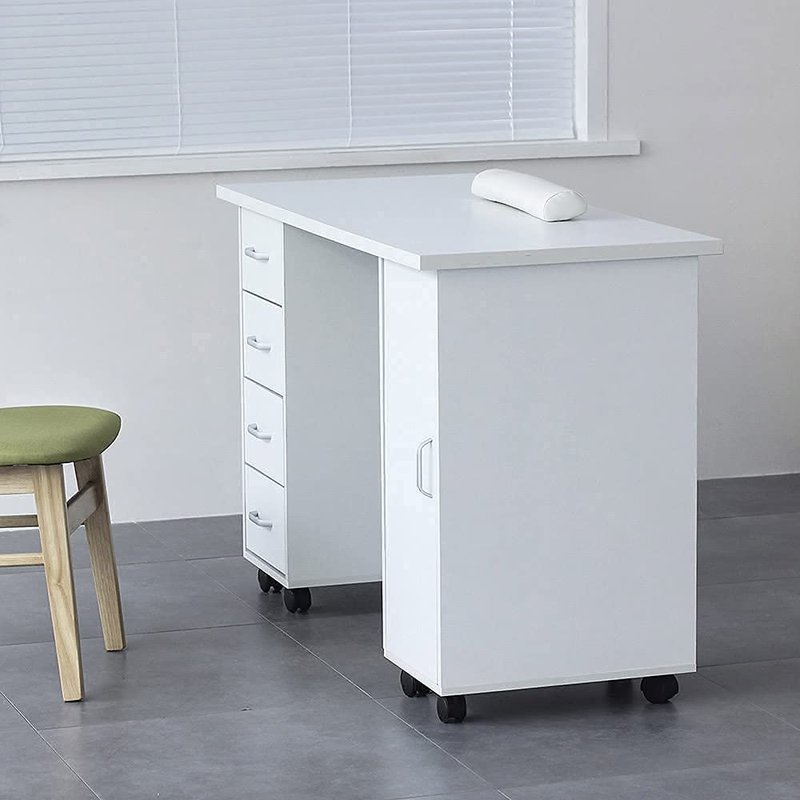 Paddie Manicure Nail Desk for Technician, Acetone Resistant Wooden Salon Spa Nail Table Station w/Cabinet, Drawers, Controllable Wheels & Client Wrist Pad