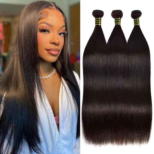 Straight Human Hair Bundles 24 26 28 Inch 100% Unprocessed Brazilian Remy Virgin 10A Straight Quick Weave 3 Bundles Deals Human Hair Extensions Natural Black