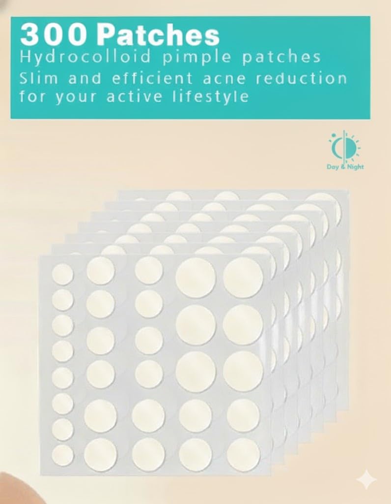 Hydrocolloid Acne Patch - Invisible Pimple Patch for Overnight Spot Treatment, 300 Count. Blemish patch. Skin-friendly adhesive. Patches for cystic acne. Fast healing pimple stickers.