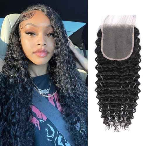 5x5 HD Lace Deep Wave Transparent Lace Closure 12A Brazilian Virgin Human Hair Closure Free Part Pre Plucked with Baby Hair Natural Black 20 Inch