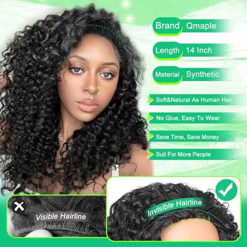 Half Wig Synthetic Hair 3 In 1 Curly Half Wig With Adjustable Drawstring Seamless Flip For Beginner Friendly Water Wave For Black Women (Black 14 Inch)