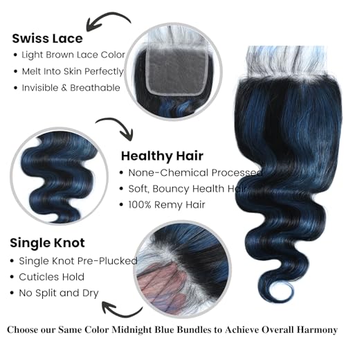 ALHER Black Mix Blue Body Wave 4x4 Lace Closure, 12A #1B/BlueColored Closure Free Part Pre Plucked with Baby Hair, 100% Virgin Remy Human Hair for Black Women 150% Density 12 Inch