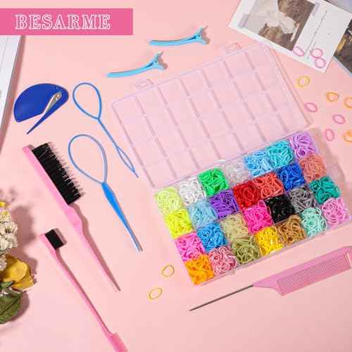 28 Colors Rubber Bands with 8 Hair Styling Tools, 1500 Pcs Colorful Elastic Ties Small Rubber Bands Baby Toddler Ties for Girls Hair Accessories Christmas Gifts