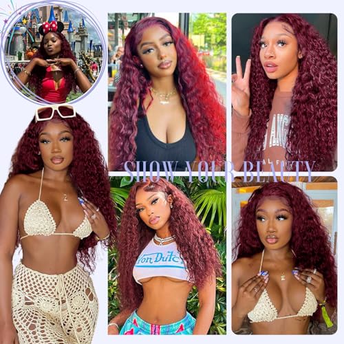 Estilar 99j Burgundy Lace Front Wigs Human Hair 13x6 Deep Wave Lace Front Wigs Human Hair Pre Plucked 200 Density HD Transparent Wet and Wavy Red Color 18 Inch