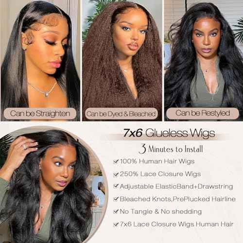16 Inch 7x6 Glueless Wigs Human Hair Pre Plucked Pre Cut 250% Density Kinky Straight Lace Front Wigs With Drawstring Parting Max HD Lace Closure Wigs Human Hair for Women Natural Black