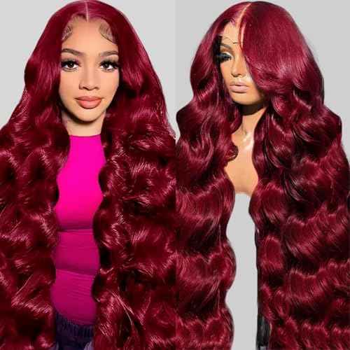 24Inch 99J Burgundy Lace Front Wigs Human Hair 13x6 Body Wave Glueless Wigs 180% Density Red Wig HD Transparent Wine Red Lace Front Wigs Human Hair