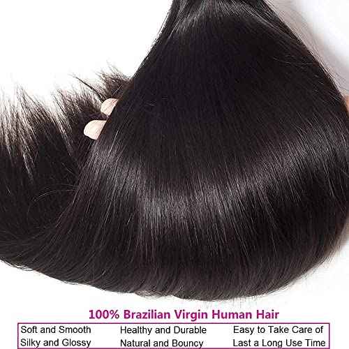 10A Brazilian Straight Human Hair 3 Bundles with Closure 14 16 18+12 Inch 100% Unprocessed Straight Virgin Hair Weave Bundles Human Hair with 4x4 HD Lace Closure