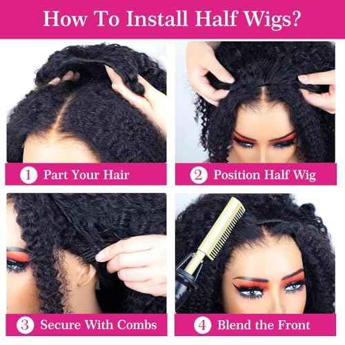Larhali Kinky Curly Half Wig Human Hair 180% Density Wear And Go Glueless Wigs Human Hair 12 Inch Curly 3 In 1 Half Wigs for Women Drawstring Seamless Flip Headband Wig Beginner Friendly