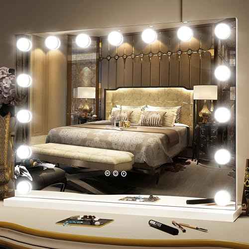 FENNIO Hollywood Vanity Mirror with Lights 23x18,Large Lighted Mirror Makeup Mirror with 15 Dimmable LED Bulbs, 3-Color Lighting
