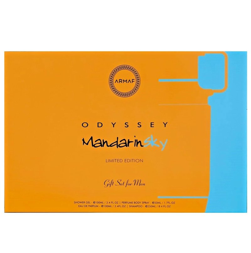 Armaf Odyssey Mandarin Sky – Citrus, Amber, Vanilla – 4-Piece Gift Set for Men (3.4 oz Eau de Parfum + 3.4 oz Shower Gel + 1.7 oz Body Spray + 8.4 oz Shampoo)