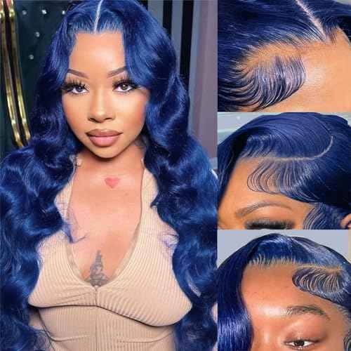 Blue Lace Front Wigs Human Hair Pre Plucked 180% Density Dark Blue Wig Human Hair Body Wave wear and Go Glueless Wigs for Women Navy Blue 13x4 HD Lace Frontal Wig Human Hair for Women 20 Inch
