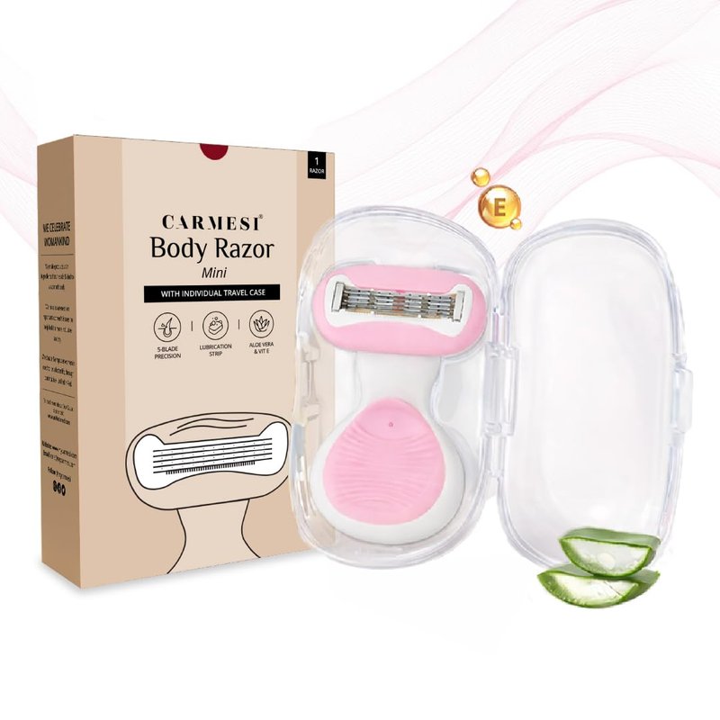 Carmesi Body Razor Mini for Women - 5-Blade Precision Shaving | Aloe Vera & Vitamin E Lubrication | Travel Case Included