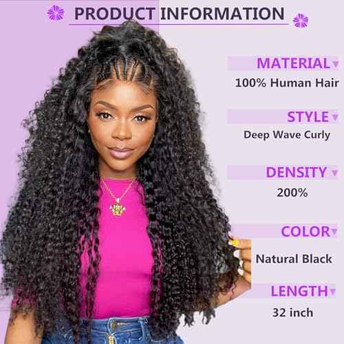 200% Density 32 Inch Deep Wave Lace Front Wigs Human Hair 13X6 HD Lace Frontal Curly Human Hair Wig Fluffy Natural Pre Plucked Wet And Wavy Wigs for Black Women Girl