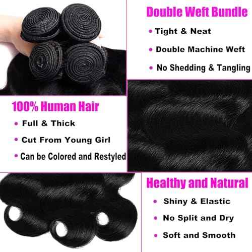 12A Human Hair Bundles Body Wave 4 Bundles Human Hair 100% Unprocessed Brazilian Virgin Human Hair Extensions for Women Natural Color 14 16 18 20Inch