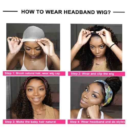 Ombre Deep Wave Headband Wig Human Hair #4/27 Curly Headband Wigs for Black Women Human Hair Glueless None Lace Front Wigs Brazilian Virgin Hair Wig Machine Made 150% Density 18 Inch