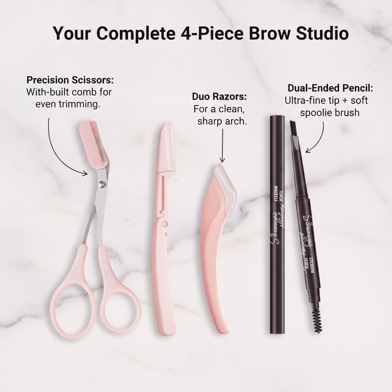4-in-1 Brow Shaping Kit - Eyebrow Trimming, Shaping & Defining Set with Scissors, Razors, Pencil - Travel-Friendly, Beginner-Friendly