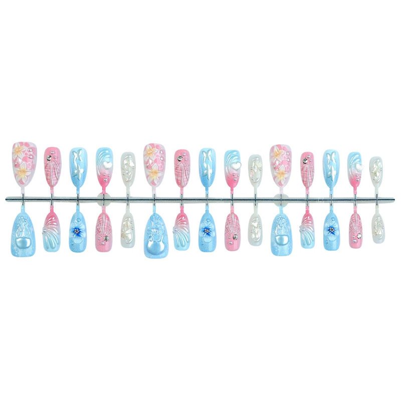 Skiennix 3D Ocean Press-On Nails - Handmade Hibiscus Flower Design | Pink Blue Gradient, 30PCS