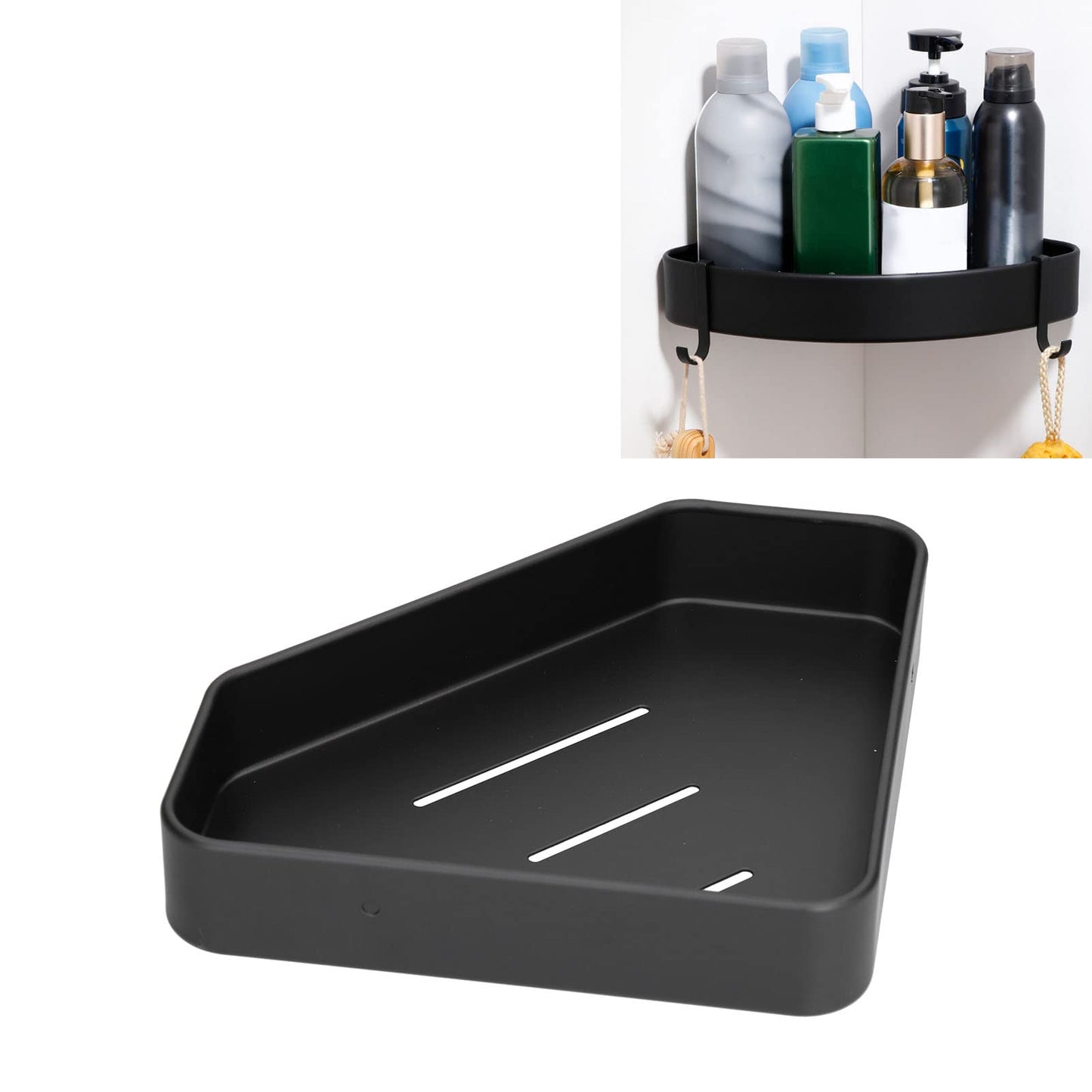 Topyond Shower Caddy, Aluminium Alloy Black Corner Shower Shelves, Durable Bathroom Organizer for Toilet Kitchen Dorm with 2 Hooks, Bath Decor
