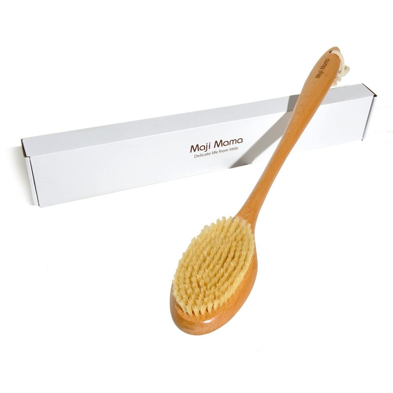 Maji Mama 19.7inch Upgrade Long Handle Bath Brush Wood Shower Brush Natural Bristles for Wet or Dry Brushing, Back Scrubber for Gentle Exfoliating and Cleaning