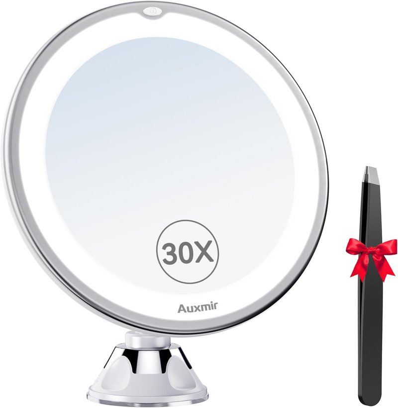 Auxmir 30X Magnifying Makeup Mirror with Light - Portable Suction Cup & 360° Swivel Design for Home & Travel