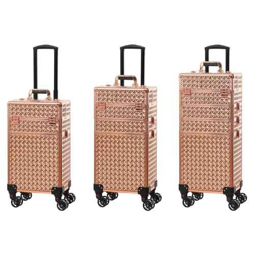 Rolling Train Case 4-in-1 Portable Makeup Train Case Professional Cosmetic Organizer Makeup Traveling case Trolley Cart Trunk (rose gold)
