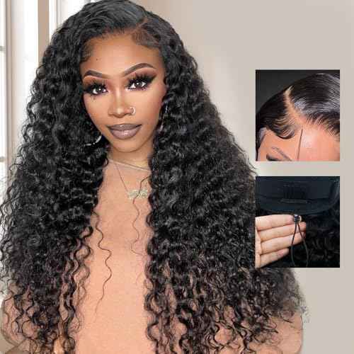 7x6 Deep Wave Glueless Wigs Human Hair Pre Plucked Pre Cut 250% Density Drawstring Wig Human Hair Wear and Go Glueless Wigs for Black Women Natural Color #1B 16 Inch