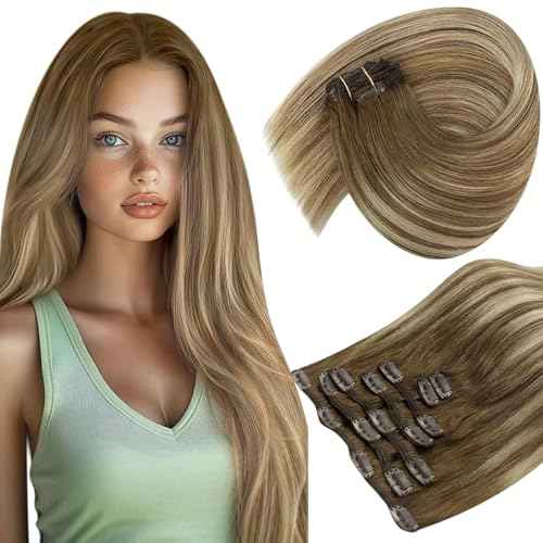 Sunny Hair Clip in Hair Extensions Straight Human Hair Clip in Extensions Remy Clip in Hair Extensions Real Human Hair Extensions Clip ins Chestnut Brown Balayage Platinum Blonde Ombre 16 inch