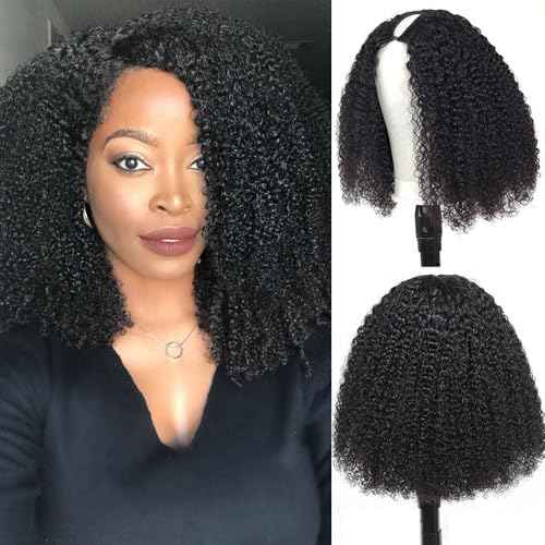 V Part Wigs Human Hair For Women 200% Density Upgrade Afro Kinky Curly V Part Wigs Human Hair Beginner Friendly No Glue V Part Wigs With Drawstring Natural Color(12 Inch)