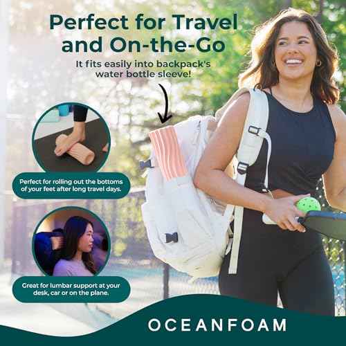 Oceanfoam Ripple Travel Foam Roller (11" x 3.35") Firm Mini Foam Roller for Physical Therapy, Deep Tissue Massage, Back Pain - High Density, Ergonomic Wave Textured - Yoga, Pilates, Exercise (Blush)